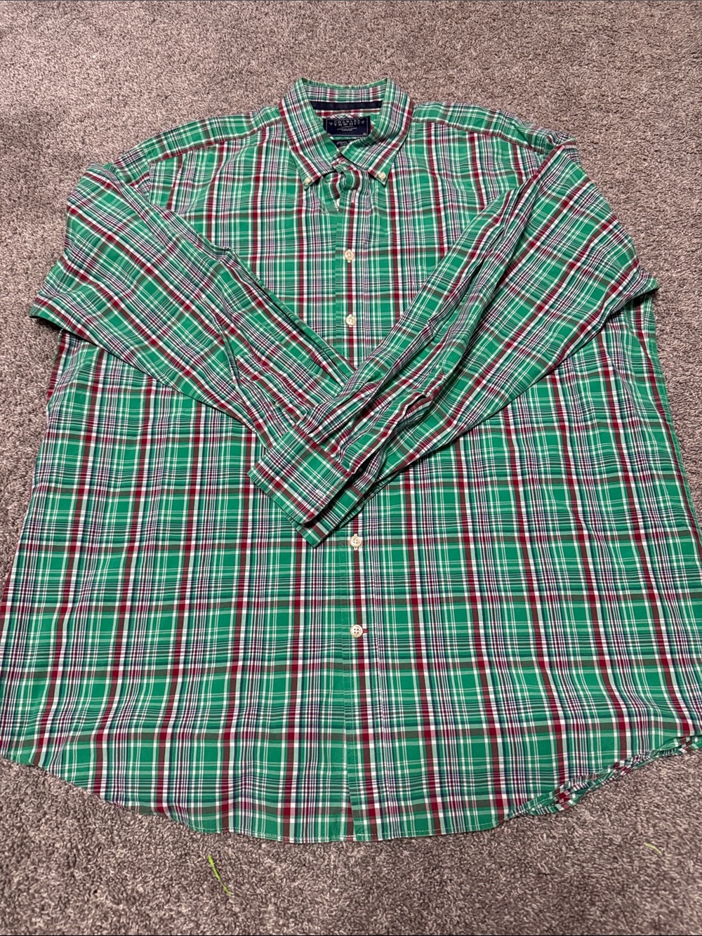 Charles Tyrwhitt Green, Red and White Plaid Button-Down Shirt
